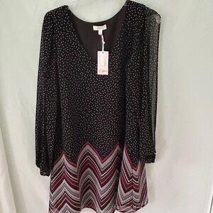 Candies Black White Polka Dot Chevron Print Split Long Sleeve Shift Size Lg